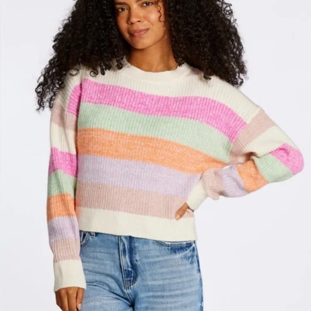 Uncharted Threads Cropped Striped Crewneck Sweater Pink Cream Green Sz S Nwt